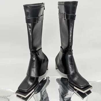 Модные женские дизайнерские сапоги до колена на высоком каблуке с квадратным носком 7 см для женщин