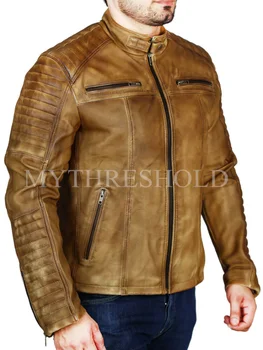 Мужская кожаная куртка Клубное винтажное пальто мотоциклиста Кафе Мотоциклиста для похудения Верхняя одежда