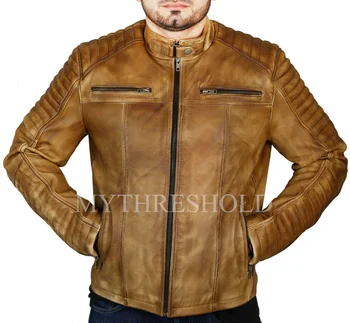 Мужская кожаная куртка Клубное винтажное пальто мотоциклиста Кафе Мотоциклиста для похудения Верхняя одежда 1
