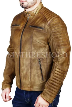 Мужская кожаная куртка Клубное винтажное пальто мотоциклиста Кафе Мотоциклиста для похудения Верхняя одежда 3