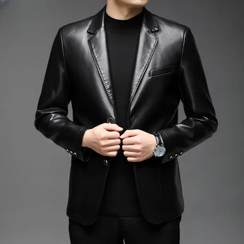 Мужская Кожаная куртка с воротником для повседневного костюма 2023, Осенние куртки из натуральной кожи для однотонных тонких пальто, Мужская Верхняя одежда Jaquetas