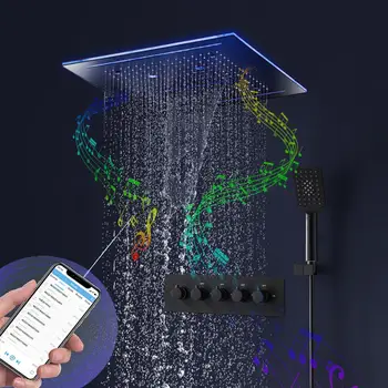 Музыкальный светодиодный набор для душа с Bluetooth 16 дюймов, Кран для душа с водопадом, Термостатические смесители для ванной комнаты, Черная система
