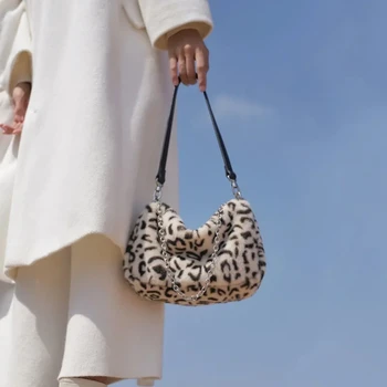 Мягкая Плюшевая женская сумка через плечо с леопардовым рисунком, Милые пушистые женские сумки на цепочке, маленькие сумки через плечо, мини-клатч для крутых девушек, сумочки
