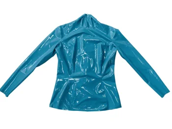 Небесно-голубая латексная футболка, латексный топ для девочек с длинными рукавами, латексная рубашка с высоким воротом, сексуальный костюм из латексной резины, молния сзади