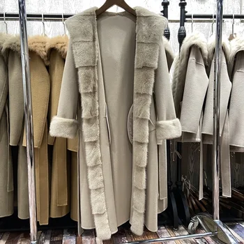 Новинка 2023 года, женские шерстяные пальто и куртки из натурального меха, Пальто из чистой шерсти с поясом и капюшоном Casacos De Inverno Feminino