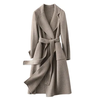 Новые поступления, Женское осеннее Классическое двустороннее кашемировое пальто, Шерстяная женская верхняя одежда с поясом, зимнее шерстяное пальто S3652