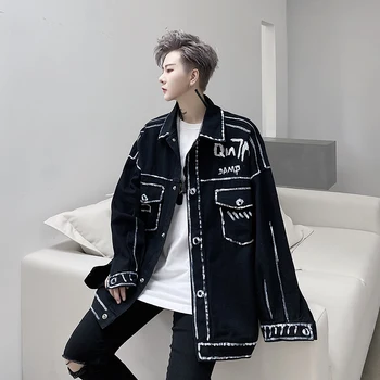 Осенне-зимняя модная джинсовая куртка с граффити ручной росписи, индивидуальное пальто, национальная мода, хип-хоп, молодежная повседневная мужская одежда