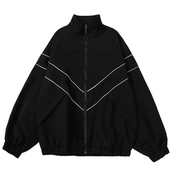 Осенние мужские куртки-бомберы в стиле хип-хоп, простая ветровка в светоотражающую полоску, уличная одежда 2023 года, Harajuku, повседневная модная верхняя одежда, пальто