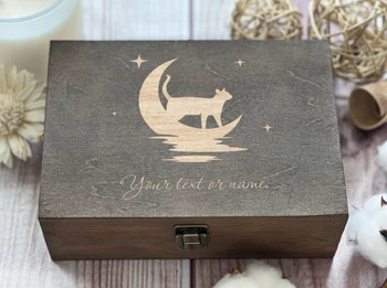 Персонализированная деревянная коробка с Котом и Луной, Изготовленная на заказ Деревянная коробка на память, подарок для любителей кошек, Коробка памяти для любителей домашних животных