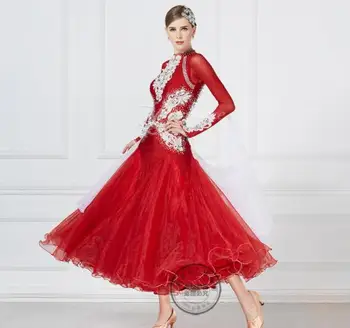 Платье для вальса, танго, сальсы, красное платье для соревнований по фокстроту, бальным танцам с длинным рукавом