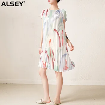 Плиссированное платье ALSEY Miyake, Новинка лета 2023, Облегающее Повседневное платье с круглым вырезом и принтом, Свободные женские платья миди с коротким рукавом 0