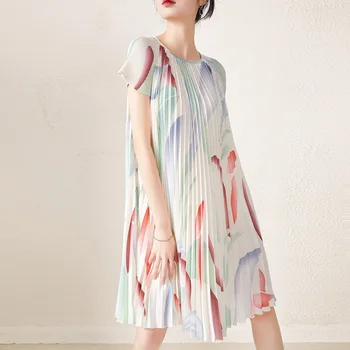 Плиссированное платье ALSEY Miyake, Новинка лета 2023, Облегающее Повседневное платье с круглым вырезом и принтом, Свободные женские платья миди с коротким рукавом 1