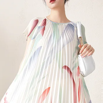 Плиссированное платье ALSEY Miyake, Новинка лета 2023, Облегающее Повседневное платье с круглым вырезом и принтом, Свободные женские платья миди с коротким рукавом 2