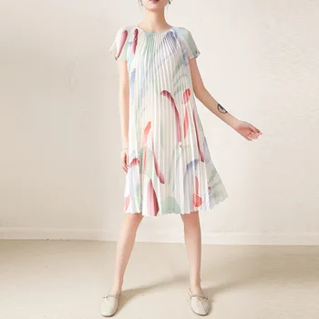 Плиссированное платье ALSEY Miyake, Новинка лета 2023, Облегающее Повседневное платье с круглым вырезом и принтом, Свободные женские платья миди с коротким рукавом 3