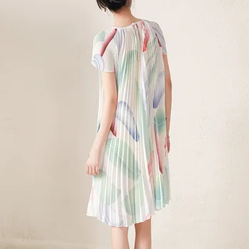 Плиссированное платье ALSEY Miyake, Новинка лета 2023, Облегающее Повседневное платье с круглым вырезом и принтом, Свободные женские платья миди с коротким рукавом 4
