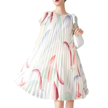 Плиссированное платье ALSEY Miyake, Новинка лета 2023, Облегающее Повседневное платье с круглым вырезом и принтом, Свободные женские платья миди с коротким рукавом 5