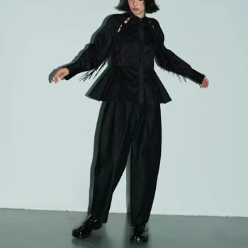 Предпродажа Оригинального дизайна Женских рубашек Мода 2023, вырез с кисточками, воротник-стойка, Осенне-зимняя черная Блузка