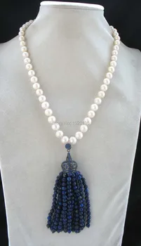 пресноводный жемчуг белый круглый 9-10 мм и круглое ожерелье из лазурита 18 