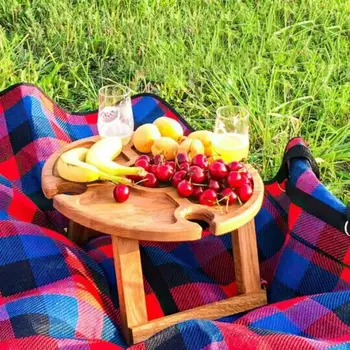 Складной уличный деревянный стол для пикника-со стеклянным держателем Круглый стол Стойка для бокалов для вина Складной стол для вечеринки в саду