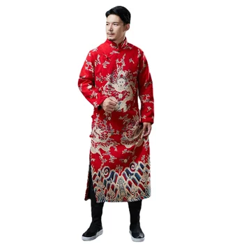 Традиционная китайская одежда для мужчин из хлопка и льна, Осень-зима, Hanfu Homme, Длинный Халат, Кимоно, Мандаринское платье с Драконом, мужская