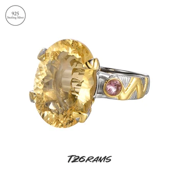 Цграмм Стерлингового Серебра 925 пробы, Большое Овальное кольцо с натуральным цитрином для женщин, Сверкающее Кольцо с крупным Желтым камнем, Роскошные ювелирные изделия 0