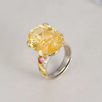 Цграмм Стерлингового Серебра 925 пробы, Большое Овальное кольцо с натуральным цитрином для женщин, Сверкающее Кольцо с крупным Желтым камнем, Роскошные ювелирные изделия 1