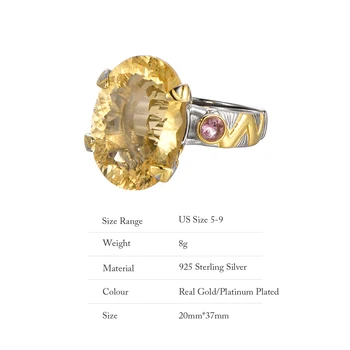 Цграмм Стерлингового Серебра 925 пробы, Большое Овальное кольцо с натуральным цитрином для женщин, Сверкающее Кольцо с крупным Желтым камнем, Роскошные ювелирные изделия 5