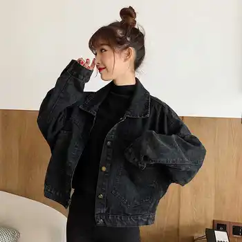 Черная джинсовая короткая женская куртка, Свободные Однобортные карманы на пуговицах, корейский стиль, Шикарная повседневная уличная одежда в стиле ретро Харадзюку, Женская