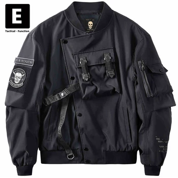 Черная куртка-бомбер, мужские уличные куртки с вышивкой Grim Reaper, множество карманов, куртки-карго, пальто, мужская техническая одежда в стиле панк