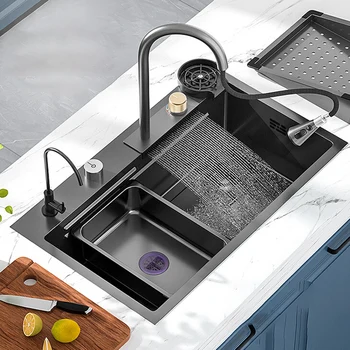 Черная раковина с водопадом из нержавеющей стали, Многофункциональная кухонная раковина, Большой размер, раковина для посудомоечной машины с одной чашей, Кран с водопадом