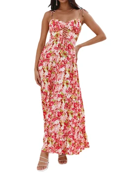 Элегантное женское платье Макси с V-образным вырезом и цветочным принтом, без рукавов, Струящийся халат, длинное платье-качели для повседневных прогулок и пляжа