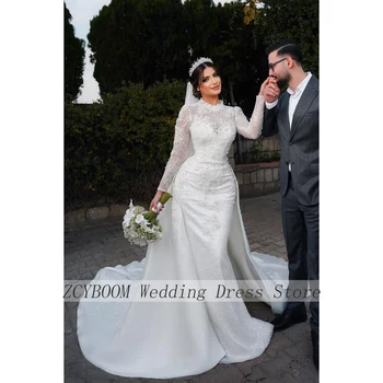Элегантные Свадебные платья с аппликацией из бисера с высоким воротом и Длинными рукавами 2023, Свадебное платье 