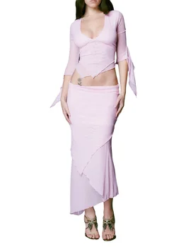 Элегантный женский укороченный топ из сетки и комплект из юбки Макси с V-образным вырезом и высокой талией для сексуального образа Y2K 1