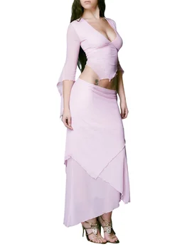 Элегантный женский укороченный топ из сетки и комплект из юбки Макси с V-образным вырезом и высокой талией для сексуального образа Y2K 2
