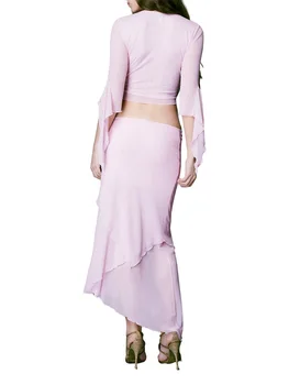 Элегантный женский укороченный топ из сетки и комплект из юбки Макси с V-образным вырезом и высокой талией для сексуального образа Y2K 3